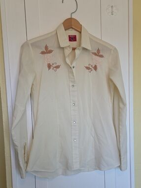 VTG Cream Embroidered Men's Button-Down Snap Closure Shirt Suze 34